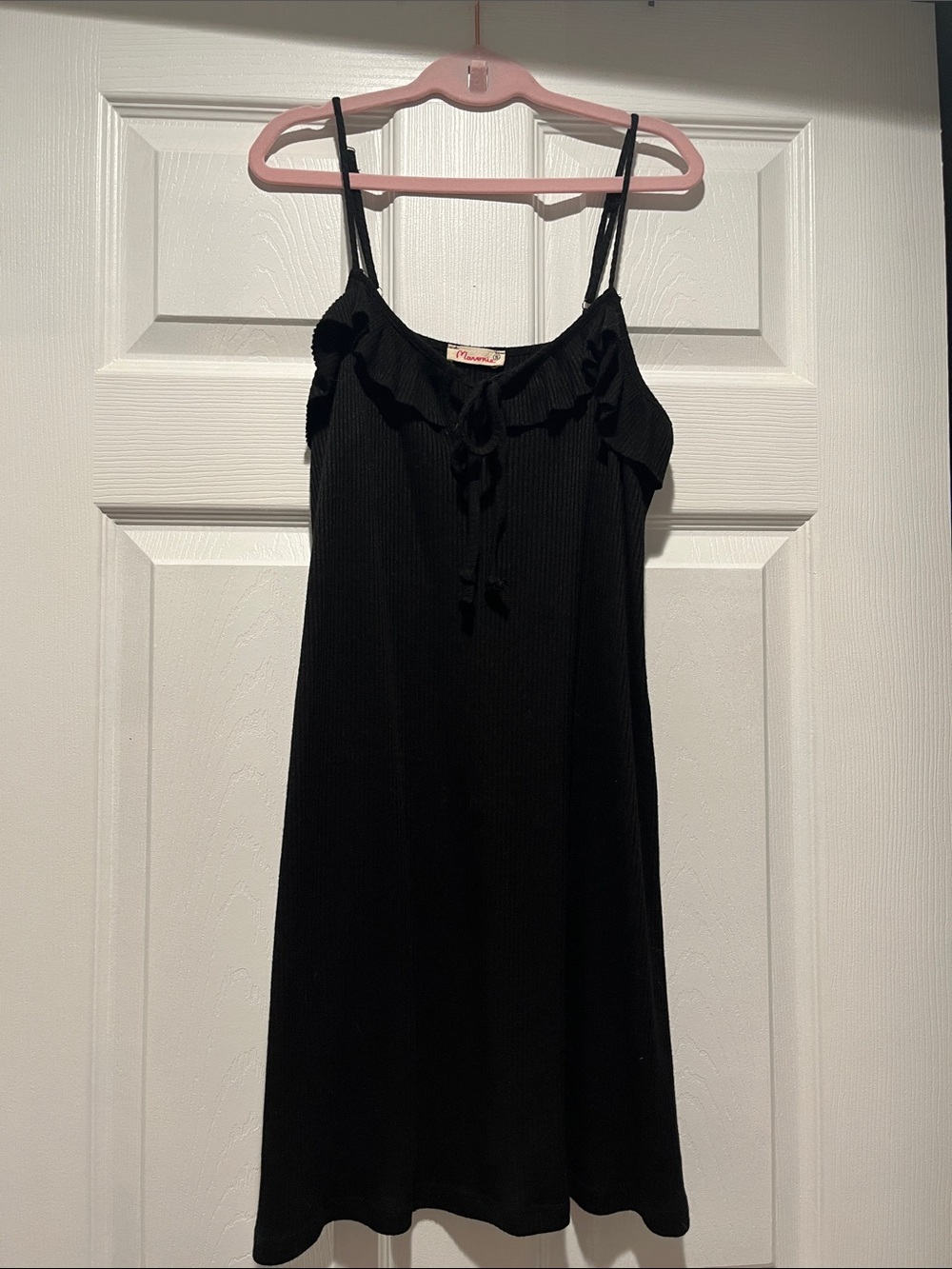 NWOT Sleek Black Spaghetti-Strap Mini Dress with Ruffle Trim